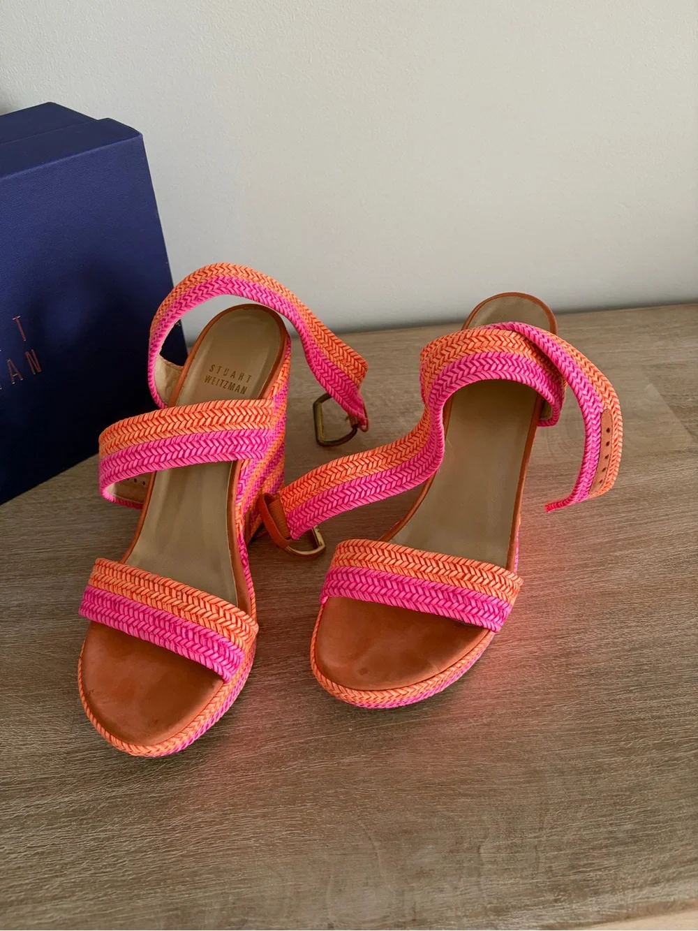 Stuart Weitzman Neon Pink & Orange Braided Wedge Sandals - Picture 2 of 6